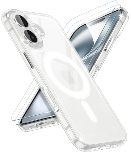 SineOrdo Magnétique Coque pour iPhone 16 avec 2 Verres Trempés, Compatible avec MagSafe, Antichoc Étui iPhone 16 Housse Transparent Protection Bumper Silicone PC Mince Case Pochette