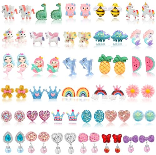 DEVIENG Clip On Ohrringe, hypoallergen, geeignet für Kinder im Alter von 4–12 Jahren, niedliche kleine Ohrclips, Schmuck-Geschenk-Set, Einheitsgröße, Harz, Kein Edelstein (Clip On Ohrringe-32 Paar)