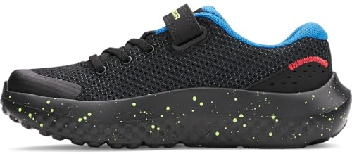 Under Armour Boys' Pre-School Surge 4 AC, Comfortable Boys' Trainers with Breathable Mesh Upper Design, Durable and Lightweight Trainers for Kids,Black / High Vis Yellow / White,1