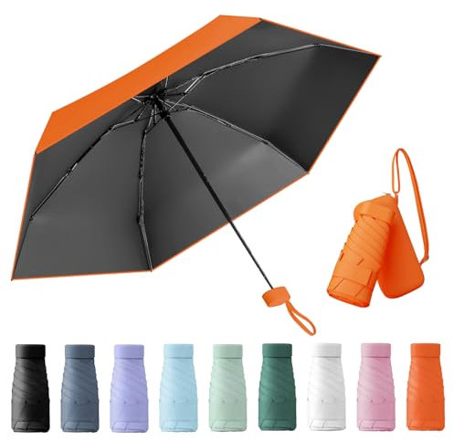 Kleiner Regenschirm, portable folding umbrella, mini reise regenschirm, leichter Reiseschirm, taschenschirm, UV-faltbar mit Kapselbox, reisewasser- und winddicht für Männer und Frauen(orange)