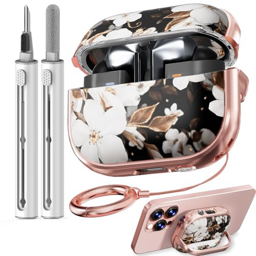 Inesore Safety Lock Hülle for Samsung Galaxy Buds 3 FE (2025) / Buds3 Pro/Buds 3 (2024), Protective Case with Cleaning Kit and Keychain, Cute Floral Pattern, for Women, Girls,Black Gold