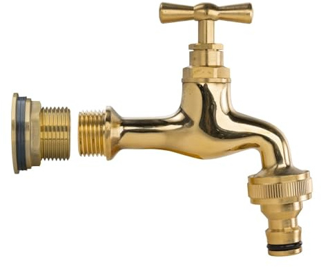 1 Brass Metal Lever Water Butt Replacement Tap with Quick Hosepipe Outlet – Durable Bib Tap for Garden Watering and Irrigation Systems (Polished Brass Bib (Quick Connector))