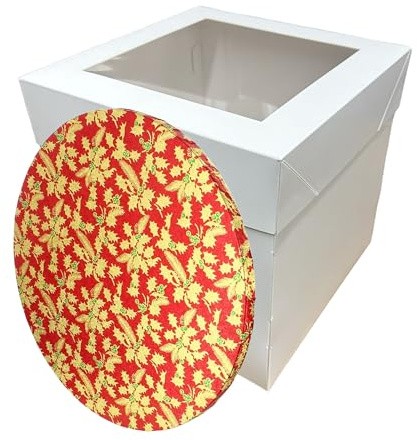 LARRYROO Tall White Cake Box Extra Deep with Clear Display Window & Festive Round Christmas Cake Drum Board Combo (Red, 12 Inch)