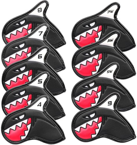 SHABIER Black 9pcs Golf Iron Head Covers Magnic Closure with Shark Design Iron Headovers Wedges Covers 4-9 ASP