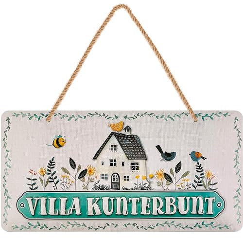 LANOLU Retro Blechschild Villa Kunterbunt, Schweden Deko, Zirkus Deko, Balkonien Schild, Einzug Geschenk Wohnung, Metallschilder mit Sprüchen inkl. Jutekordel 16x32cm