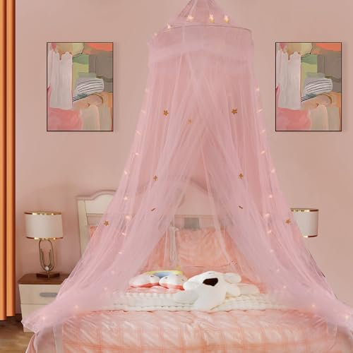 Ciel de lit Arc-en-Ciel Taille XL, moustiquaire Princesse pour Filles, moustiquaire de lit avec dôme Rond et Guirlande Lumineuse en Forme d'étoiles, Housse de lit à Suspendre pour décoration