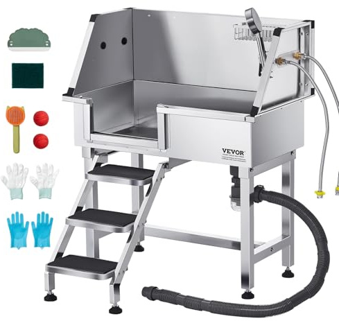 VEVOR Professional Dog Washing Station, 34 Inch Stainless Steel Pet Grooming Tub with Hot Cold Faucet, Adjustable Showerhead, Non-Slip Stairs & Side Sink, for Small to Medium Dogs and Cats (Left Door)