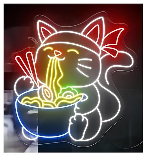 HUANTY d'Ambiance Apaisante Lampe Enseigne Au Néon «Chat Porte-Bonheur Mangeant des Nouilles» pour Restaurant, Bol De Ramen, Décoration Murale, 52X55cm(Une)