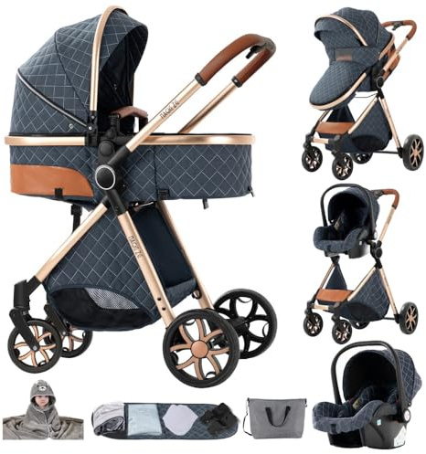 3 in 1 Kinderwagen Blau&Gold, Hochlandschaft | Stabiler Aluminiumrahmen und hohe Sitzposition für besseren Ausblick. Einfach faltbar,faltbar mit kostenlosem Badetuch