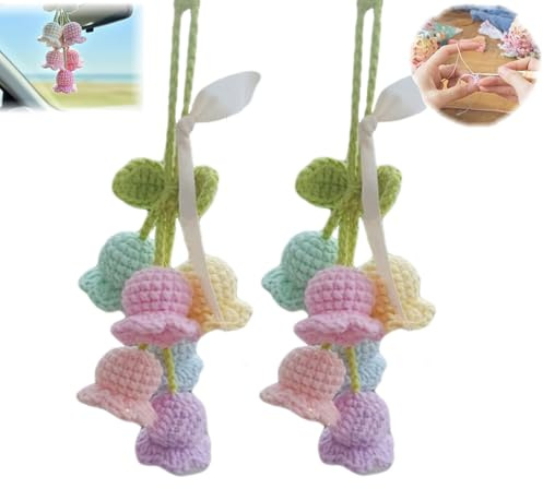 2 Pcs Car Decorations Car Hanging Ornaments, Crochet Flowers Bag Charms Decor Cars Rear View Mirror Accessories Hand Knitted Crochet Flower Decor for Room Backpack Keychain Decoration Pendant (Mixed)