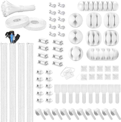 Ditar 173 PCS Cable Management Kit - 4 Cable Sleeve, 28 Self Adhesive Cable Clips, 29 Cord Holders, 10+2 Roll Cable Organizer Straps and 100 Fastening Cable Ties for TV Computer Under Desk (White)