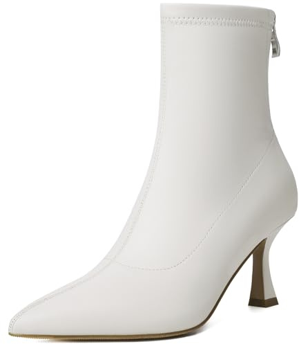 RIBONGZ White Ankle Boots for Women Kitten Heeled Booties Back Zipper Pointed Toe Dressy Fur Mid Calf Short Stiletto High Heel Fashion Leather PU Work Dress Shoes 12