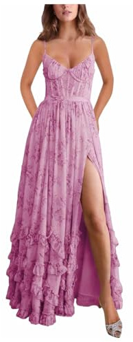 Stillluxury Damen Ballkleid mit Blumendruck und hohem Schlitz, Rüschen, Chiffon, langes Brautjungfernkleid, A-Linie, formelles Kleid, Flieder, 32