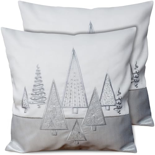 matches21 HOME & HOBBY Kissenbezug 40x40 cm Weihnachten weiß mit Tannenbaum Silber - 2er Set Kissenhüllen als Weihnachtsdeko