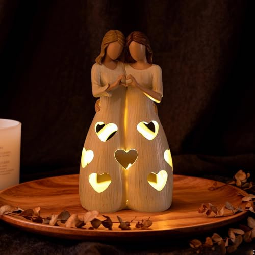 RNPKZ Best Friend Sister Gifts, Candle Holders Statue with LED Candles,Birthday Gifts for Women Friends BFF Bestie Female,Resin Sister Figurines for Gift Home Decor Represents Female Friendship.