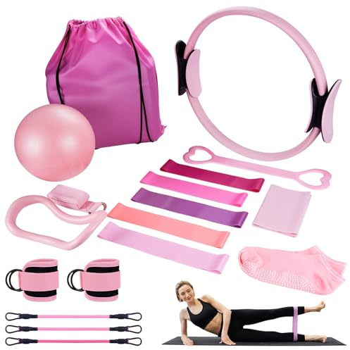 Jellybibo 13-teiliges Pilates-Ring-Set, inkl. Pilates-Ring, Yoga-Ball, Fitnessband, Spannungsring, Massagering, passend für Home-Gym-Fitnessgeräte