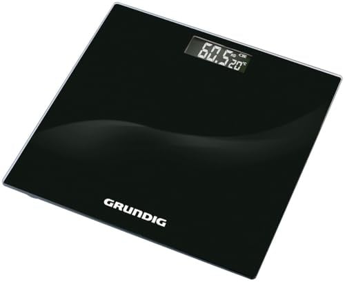 Grundig Personenwaage Digital - Waage Personen bis 180KG - Körperwaage mit LCD Display und Temperaturanzeige - Einheiten Kg und Lb - Automatische Abschaltung - Glasplatte - Schwarz