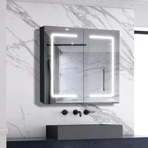 Biubiubath LED Spiegelschrank 80x70cm Hochglanz Schwarz Touch/Wandschalter Beschlagfrei 3 Lichfarbe Dimmbar Spiegelschrank mit Steckdose