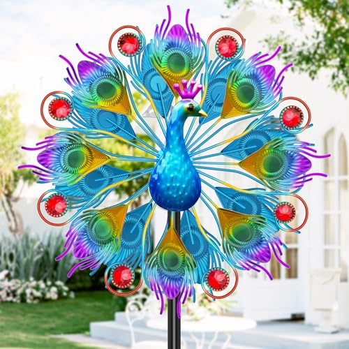KHayRovies Metal Wind Spinners Outdoor for Garden Yard, 13.6W x 59H Kinetic Large Peacock Wind Spinner & Sculptures with Stable Metal Stake, Garden Windmill for yard Lawn Patio Art Decor (Colorful)