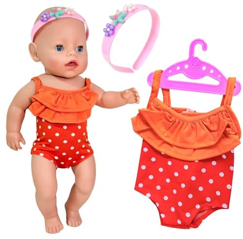 Baby Puppen Schwimmset 43cm, Puppenkleidung für 36-43cm Newborn Baby Schwimmpuppe, Sommer Schwimm-Set mit Polka-Dots Badeanzug Haarreifen Kleiderbügel BabyPuppen Kleidung Geburtstagsgeschenk (Orange)