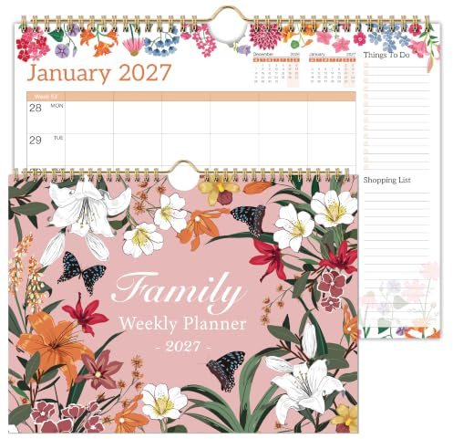 Familienplaner Kalender 2027, Wochenlayout mit 6 Spalten & Einkaufsliste | Jan 2027 - Dezember 2027, Innentasche, 32 x 23 cm, Familienkalender für Haushaltsplanung