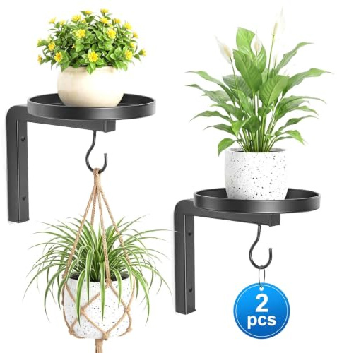 Dexpally 2 Stück Pflanzenhalter Wand Blumenhalter Metall mit Haken Pflanzen Wandhalterung Blumentopf Wandbehang Pflanzenständer Pflanzenregal Hoch Blumenregal für Balkon Wohnzimmer Terrasse (Schwarz)