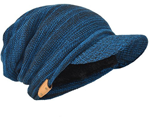 Herren Dick Knit Newsboy Cap Visier Mütze Hut Fleece Gefüttert Strickmützen B319 (Blau/Schwarz)
