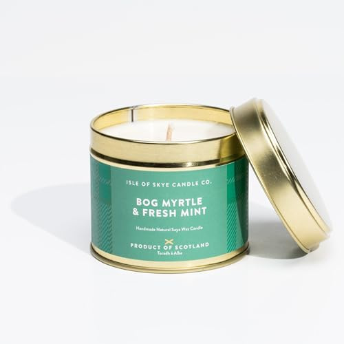 Isle of Skye Candle Company Reisebehälter Moormyrte und frische Minze | natürliche Sojawachskerze | handgefertigt in Schottland | Premium-Duftkerze | leichte Metallverpackung | 45 Stunden Brenndauer