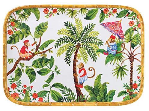 Les Jardins de la Comtesse - Grand Plateau en Mélamine Pure Rouge Corail/Vert - Grand Plateau de Présentation du Service de Table Singes de Bali - Collection Vaisselle MelARTmine - 45x32 cm