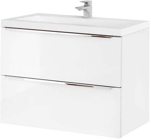 Lomadox Waschtisch-Unterschrank Set, Hochglanz weiß, 81cm Keramik-Waschbecken, 2 gedämpfte Softclose-Schubkästen, B/H/T ca, 81/61/46 cm