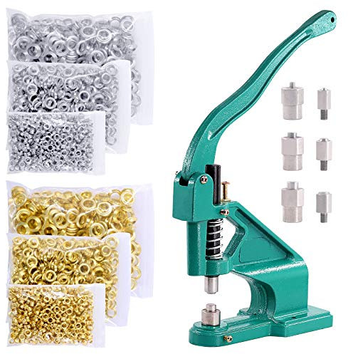 Swpeet Kit de herramientas de perforación de ojales de mano de alta resistencia, incluye 3 troqueles (#0#2#4) y 3000 ojales plateados/dorados y kit de herramientas de base rodante para herramienta de