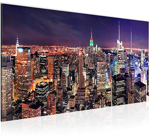 Runa Art Wandbild New York Skyline 1 Teilig 100 x 40 cm Modern Bild auf Vlies Leinwand Städte Wohnzimmer Büro Violett Lila 036212a