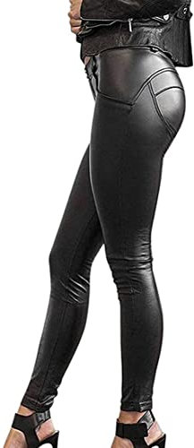 Minetom Damen Sexy Hohe Taille Skinny Kunstleder Leggings PU Leder Hose Lederhosen Leggins Strumpfhosen Treggings C Schwarz S