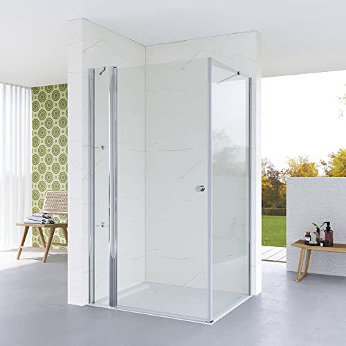 Duschkabine Eckeinstieg Bodengleich 95x80 x 187 cm Duschwände für Eckdusche Ebenerdig Duschtür Drehtür an Festteil mit festem Seitenteil Seitenwand Echtglas 5 mm klar Höhe 187 cm