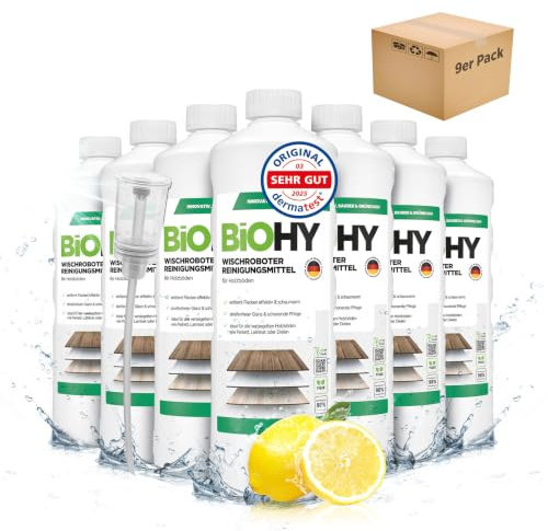 BiOHY Wischroboter Reinigungsmittel Holzböden (9 x 1 Liter) mit Dosierer | Kompatibel mit Roborock, Dreame, Ecovacs, Tineco, Mova und Bissell Wisch- und Saugrobotern sowie Saugwischern