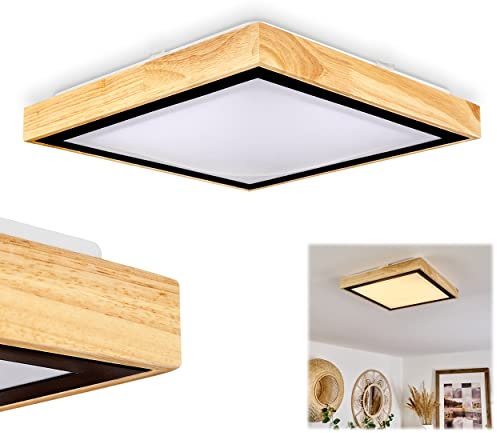HOFSTEIN LED Deckenleuchte Corinto, moderne Deckenlampe aus Metall/Holz/Kunststoff in Natur/Schwarz/Weiß, eckig, 34 cm x 34 cm, 1820 Lumen, 3000 Kelvin, 1 x LED 18 Watt (inkl.)…