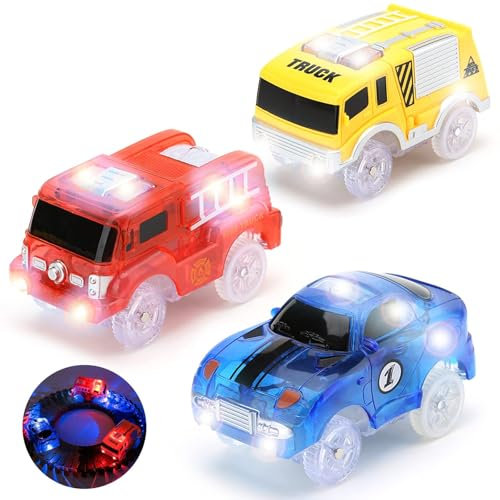 Funkprofi 3 Pack Magic Track Auto Spielzeug für Kinder, Light Up Spielzeugautos mit 5 LED blinkende Lichter, Gelb Engineering Auto, Blau Racing Auto, Red Fire Engine