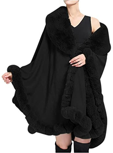 Damen Poncho Cape Winter Umhang Strickjacken mit Kunstfell Kragen Warm Kunstpelz Mäntel Stolen Umhang Damen Poncho Cape Für Winter Hochzeit Abend Braut Warme Elegant
