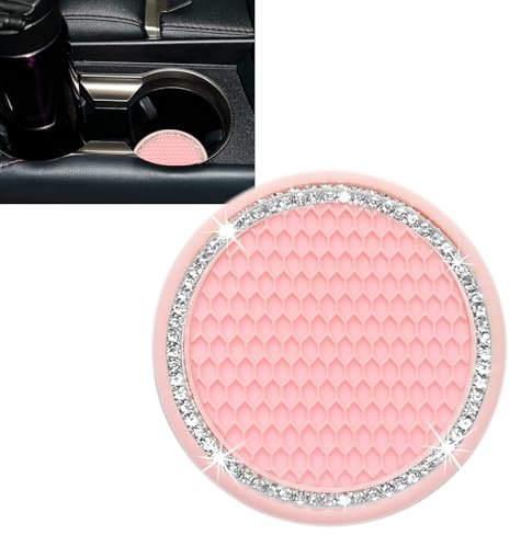 Lot de 2 Support Gobelet Voiture Dessous de Verre, Antidérapants Porte-gobelet de Voiture Coaster Universels, Insert de Porte-Gobelet de Voiture 2,75 Pouces Bling Strass Rose pour Femmes et Hommes