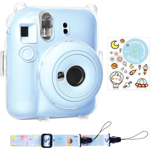Rieibi Clear Case Compatible with Fuji Instax Mini 12, Carrying Case Bag for Fujifilm Instax Mini 12 Instant Camera with Photo Storage Pocket, Strap and Cute Sticker - Blue