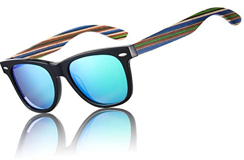 DUCO Polarisierte Sonnenbrille Herren Damen Sonnenbrille polarisiert mit UV-Schutz Walnuss Sonnenbrillen mit Holzrahmen Umweltfreundliche Designerbrille DC2141 (Schwarz Rahmen Revo Green)