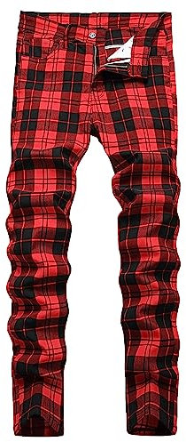 TENGINE Pantalon chino à carreaux pour homme, coupe ajustée, coupe ajustée, robe de golf, affaires, pantalon décontracté, écossais rouge, 58