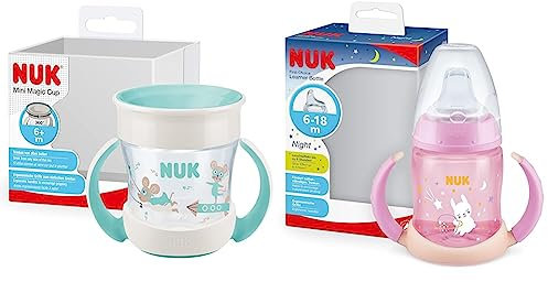 Nuk Mini Magic Cup Tasse antifuite | Rebord antifuite 360° | À partir de 6 mois | Poignées ergonomiques | 160 ml & First Choice Sippy Cup Night | 6-18 mois | 150 ml | Rose