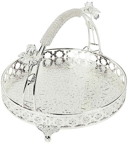 Fruit Tray, Serving Platter Round Shape Widely Used Carved Pattern Large Capacity Retro Style for Cafe Bar (Silver Color Meduim Size)