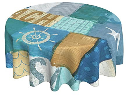 Tischdecke Ozean-Strand-Anker-Seevogel-Landschafts-Blaue Collage Wetterfeste Wachstuch Rund Wachstischdecke 152Cm Für Garten Party Picknick