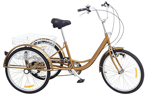 243-RäDer 6-Speed 3-Rad-Fahrradtrike Bike Adult Dreirad Aluminium Baskets Lampe Rad Fahrrad FüR Erwachsene Senioren Einkaufen Korb Tricycle Erwachsenendreirad Mit Licht Rikschadreirad RäDer (Gold)
