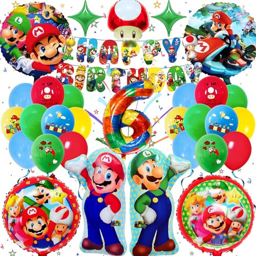 Super Mari Geburtstag Deko 6 Jahre, Mari Geburtstagsdeko Set, Frotox 32 Stück Super Mari Dekoration Geburtstag Mädchen Junge, Mari Geburtstagsfeier Thema Dekoration mit Super Mari Luftballon Banner