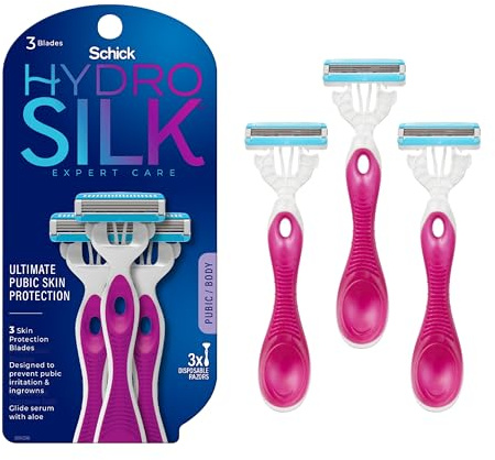 Schick Hydro Silk Ultimate Pubic Skin Protection, Disposable Razors for Women Sensitive Skin | Pubic Hair Razor for Women, Bikini Razor, Womens Razors Bikini Line, 3ct