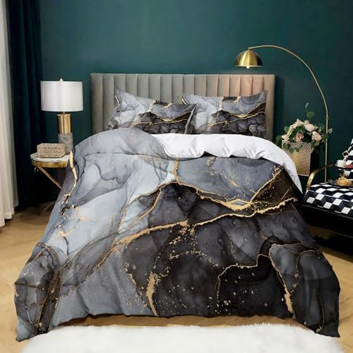 XCQHZYQ Marmor Bettwäsche 180x200 Schwarz Marmor Optik 3 Teilig Microfaser Modern Marmoriert Bettwäsche Set Einzelbett Bettbezug mit Reißverschluss Kissenbezug 80x80 cm Grau