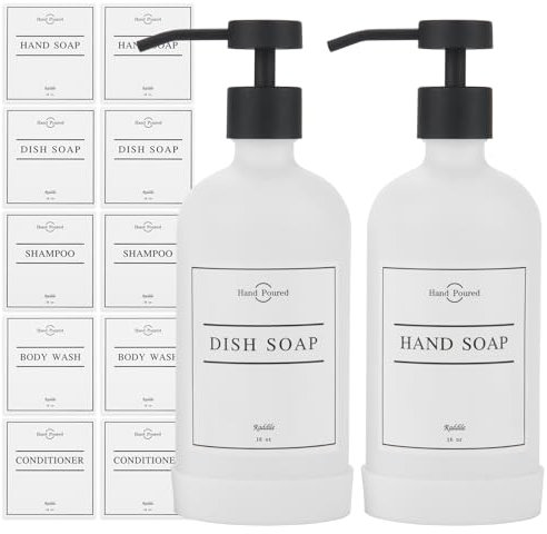 Seifenspender aus Glas mit Edelstahlpumpe, 10 wasserfesten Etiketten und Rutschfester Silikon-Schutzunterlage, 2er-Set für Badezimmer und Küche (Schwarze Pumpe+Weißglasflasche+Pad)